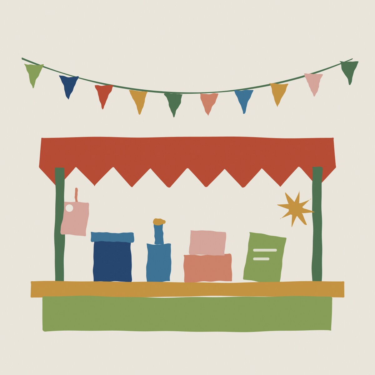 Cut-paper illustration of a launch night market stall: bunting, a striped awning, a table of the things the children made and a hand written price tag