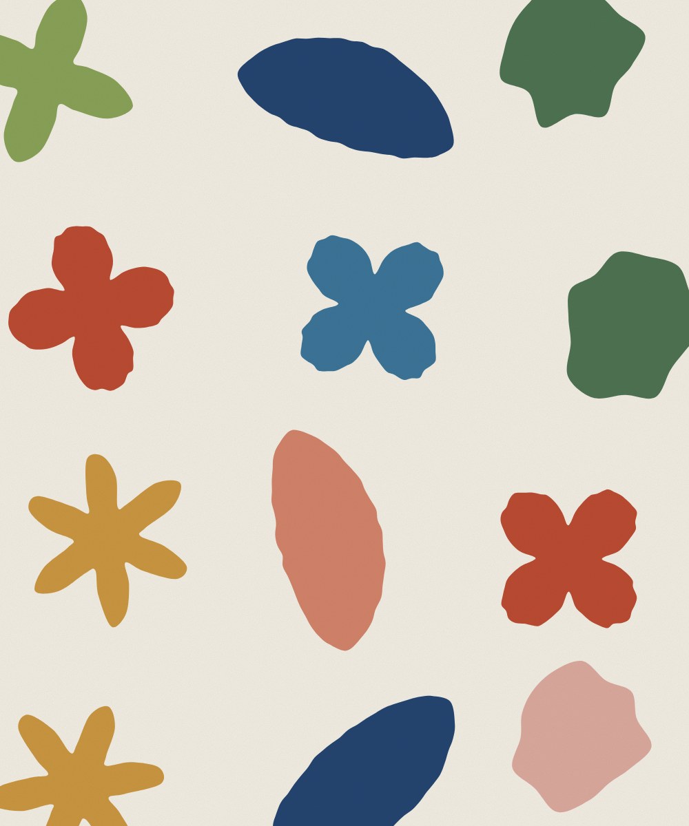 Cut-paper illustration of bold flowers and leaves in the La Vita Nova palette