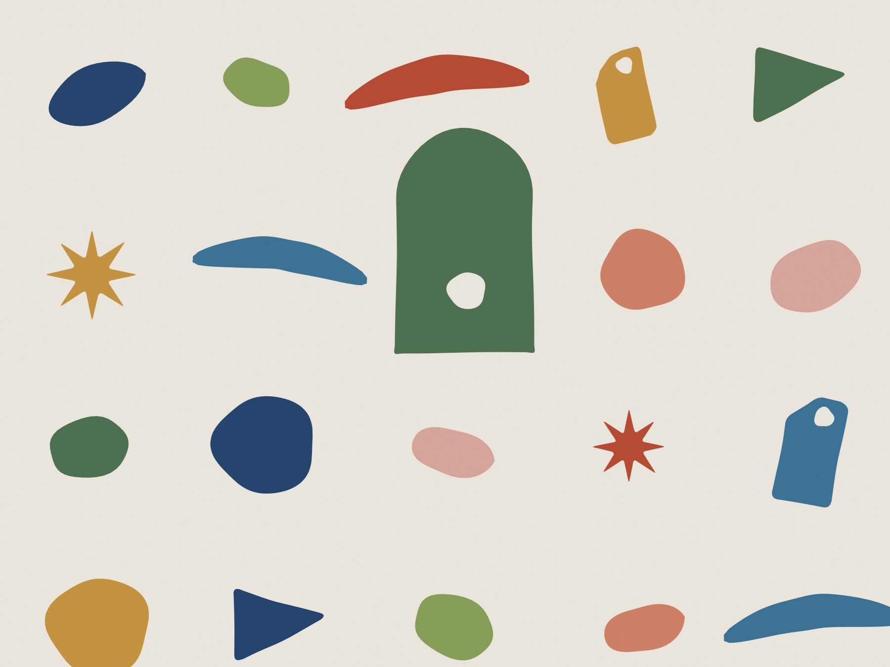 Cut-paper illustration of leaves, brush strokes, an arch, coins and a swing tag in the La Vita Nova palette