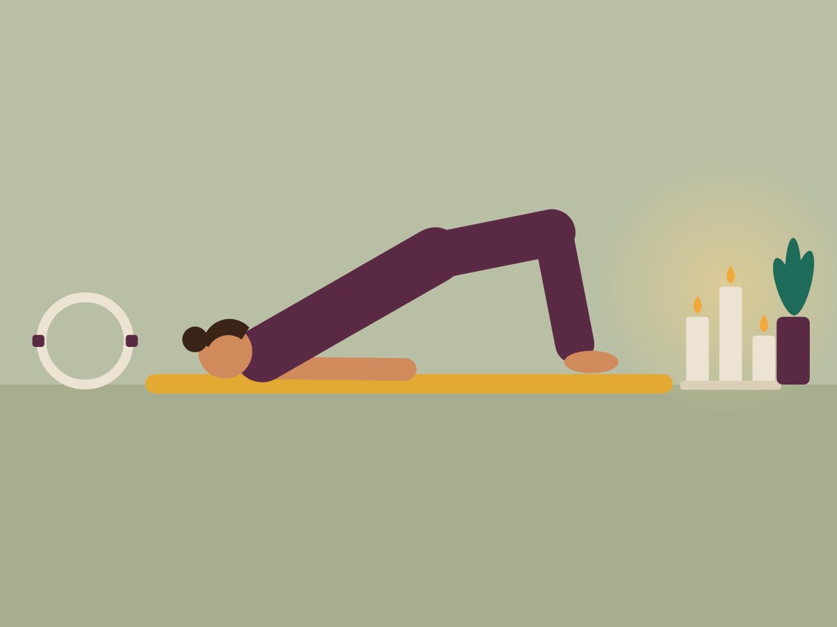 An illustration of a Pilates bridge on a mat beside lit candles