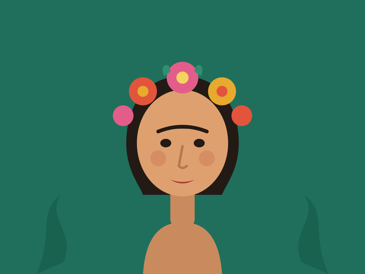 Cut-paper illustration of Frida Kahlo with a crown of flowers in her hair