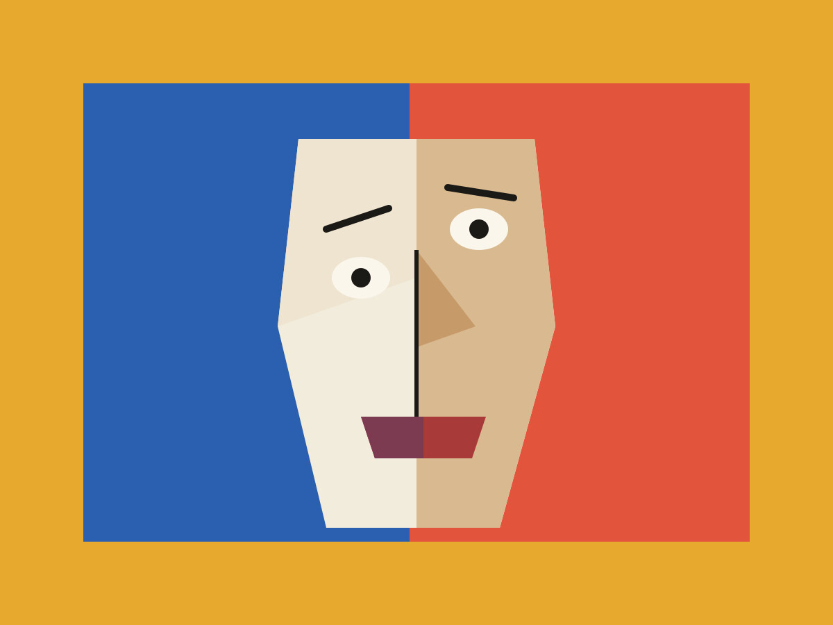 Illustration of a cubist face split into bold coloured shapes