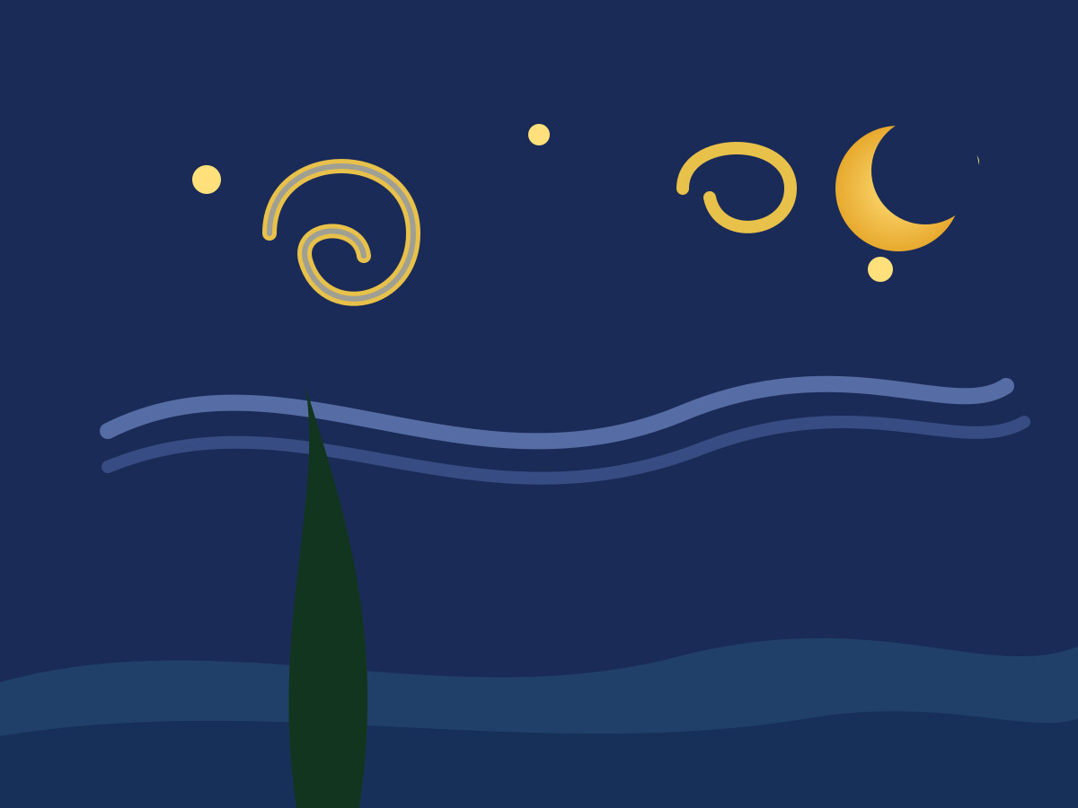 Illustration of a swirling starry night over a village