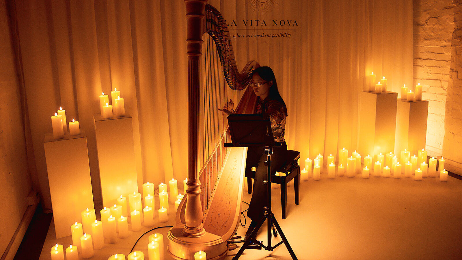 A harpist playing in low light on launch night at La Vita Nova