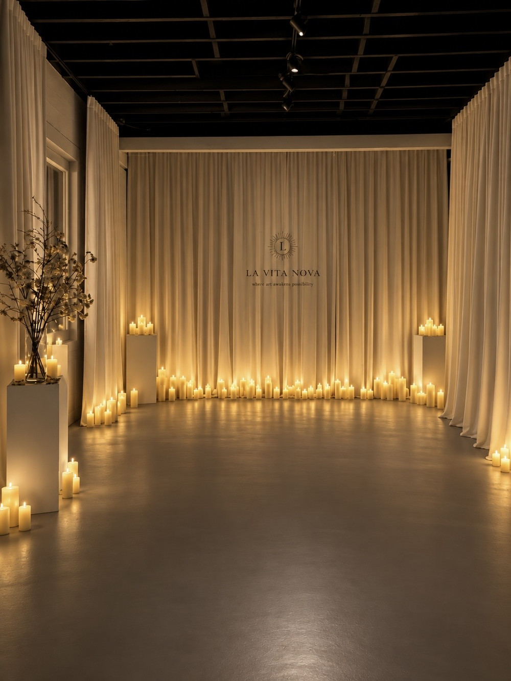 The studio floor at La Vita Nova lined with candles and white curtains